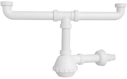 Schläfer 4395302 | Sifone Universale a Fiasco salvaspazio per Lavelli a 2 vasche 11/2 - Uscita Diam 40mm x L. 250 mm, Scarico Lavandino a due vie con Rosone, Bianco