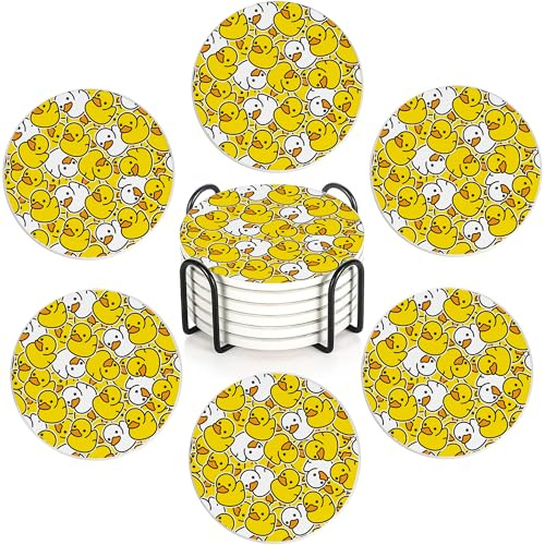 Yellow Duck Set of 6 Coasters Absorbent Ceramic Drink Mats with Cork Base & Metal Holder, Spill Protectors for Mugs/Cups, Cheerful Home/Bar Decor