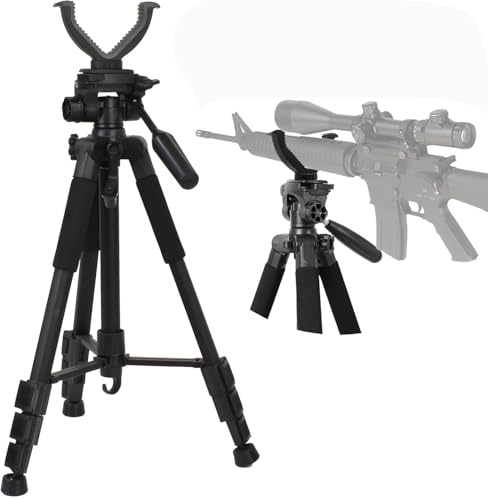 SUDOCA Trépied de tir pour Carabine de 1,5 m pour la Chasse en extérieur, étrier en V et Rotation à 360°, Perche de tir légère en Aluminium de 53 à 150 cm, Fonctionnement Mains Libres