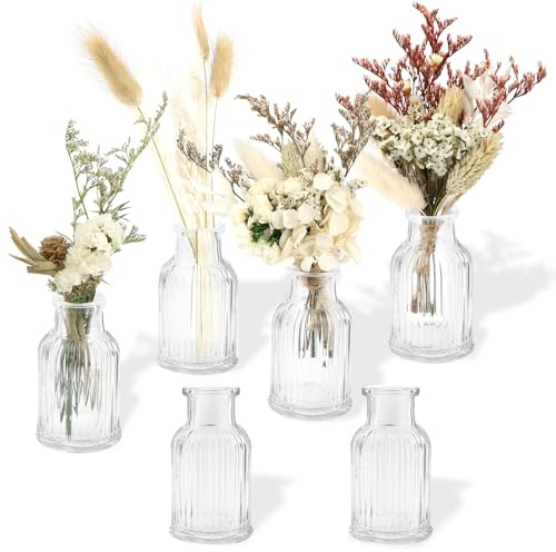 Glass Bud Vases, 6 Pcs Small Vases for Flowers, 50 ml Clear Small Glass Vase, Vintage Mini Ribbed Vase Set for Table Decoration, Centerpieces, Wedding, Party, Home Decor - 7.5 x 4.2 cm