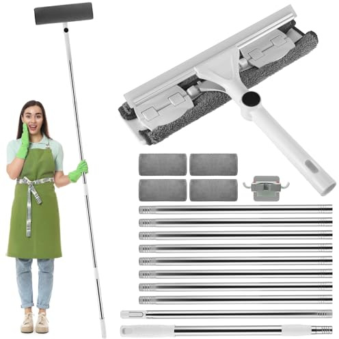 3.9M Professional Window Squeegee Cleaner Kit 2 in 1 Extendable Windows Glass Cleaning Tool, 10 Poles 4 Mop Refills, Silver Aluminium Handle, Microfiber Head, for High Windows & Cars