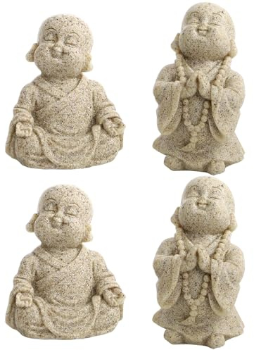 Hedume 4 Pcs Little Monk Resin Ornaments, Cute Small Monk Statues Creative Crafts, Mini Laughing Buddha Statue for Home or Office, Zen, Living Room, Shelf Decor, and Gift (Sand)