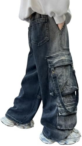 Jeans Larghi per Ragazzi, Pantaloni Cargo per Adolescenti, Pantaloni Larghi in Denim con Tasche, Y2K, Vita Elastica Bambini