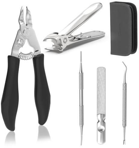 Glamne Cortaúñas 5 en 1 para personas mayores con uñas gruesas y encarnadas, kit de pedicura profesional con cortador de uñas de mango largo, hoja curvada inclinada, lima de uñas y levantador, juego