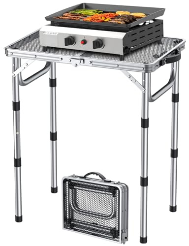 FUNYKICH Bärbart BBQ-bord för utomhus (58 x 40 cm), 3 justerbara hopfällbara grillbord, lätt campingbord i metall med bärbart handtag för camping, picknick, grillning, silver