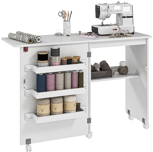 HOMCOM Mueble para Máquina de Coser Mesa Plegable de Costura con Compartimentos de Almacenamiento Estante Abierto y 5 Ruedas Mesa para Máquina de Coser para Dormitorio Salón Blanco
