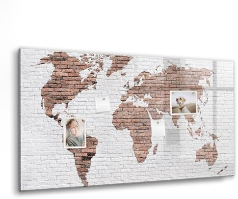 Glas-Whiteboard kratzfest & magnetisch | Neodym-Magnete, Marker & Schwamm | Perfekt für Planung, Aufgaben & Präsentationen- 120x60 - Weltkarte aus Ziegelsteinen
