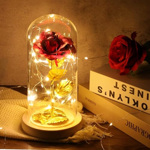 LYNROW 24K Gold Eternal Rose, Artificial Flower in Glass Dome with LED Light Strip, Decorative Gift for Women, Valentine's Day, Mother's Day, Anniversary