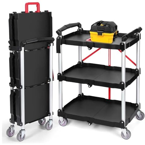Faltbarer 3-stöckiger Arbeitswagen mit Rädern, 165 kg Kapazität, keine Montage erforderlich, tragbarer Servicewagen für Zuhause, Büro, Schule, Garage, Lager, vielseitiger Mehrzweckwagen