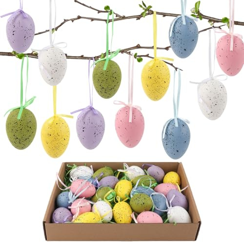 Ostern Deko 24Stück Ostereier zum Aufhängen - Brechfeste Aufhängung Ostereier Deco mit Grünem Raffiegras, Osterdeko Outdoor Geeignet für Osterbäume, Festliche Einrichtungen
