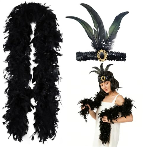 LuLiyLdJ 1 Pezzi Boa Piume,2 M,Con Cerchietto per Capelli con Tiara di Piume Nero,Vestiti Anni 20,Piume Nere,Sciarpa a Boa,Boa Piume Nero,Decorazione Sciarpe per Festa in Abito da Sposa,Carnevale