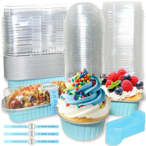 90Pcs Mini Cake Baking Cups with Lids, Spoons and Stickers, Mini Loaf Pans, Reusable Aluminum Cake Tins, Foil Baking Pans, Small Loaf Cases Boxes, Tart Pie Cakes Containers for Dessert (Blue)