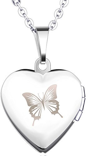 Yumilok Edelstahl Schmetterling Foto Medaillon zum Öffnen Photo Bilder Amulett Silberfarben Rosa Herzanhänger Halskette Kettenanhänger für Damen Mädchen