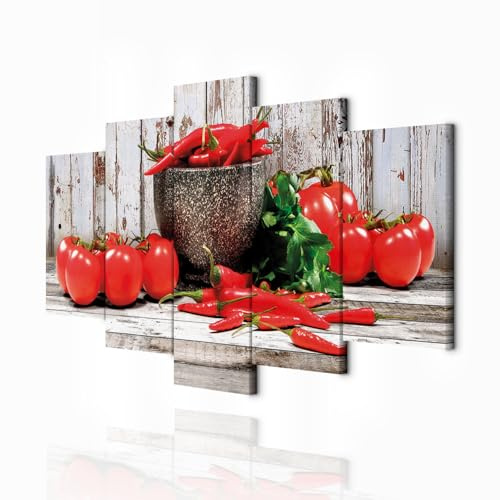 decomonkey Wandbilder Küche Gemüse 200x100 cm 5 Teilig Leinwandbilder rot | Strukturleinwand, Holzkeilrahmen, Bild auf Leinwand, Kunstdruck, Wanddeko, Wohnzimmer, Wanddekoration, Paprika, Tomate, Holz