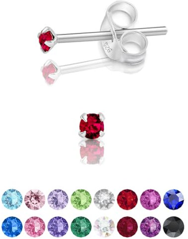 Pendientes de Botón Plata Ley 925 on Cristales Brillantes Rojo Rubí - Pendientes Pequeños Mujer Plata 925 - Punto de Luz Hipoalergénicos sin Niquel - Diámetro 2 mm