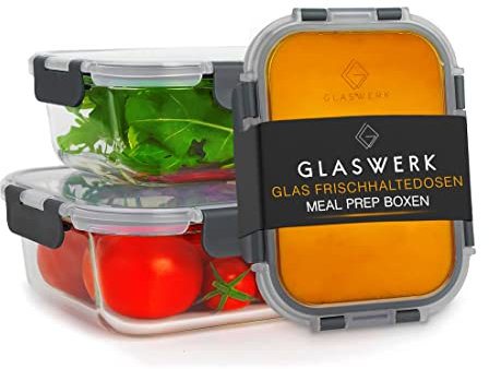 GLASWERK Contenitori Salvafreschezza - Contenitori Portapranzo a Prova di Perdite, Contenitori Alimenti con Coperchio, Barattoli Impilabili in Vetro, Ideali come Stoviglie per Microonde, 3 Pz.