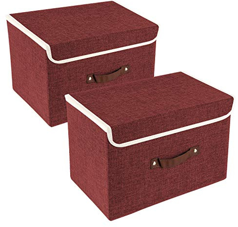 TYEERS Vikbar Förvaringslåda med Lock, Tvättbart, Tyglåda, 38x25x25 cm, Set om 2, Röd Vin