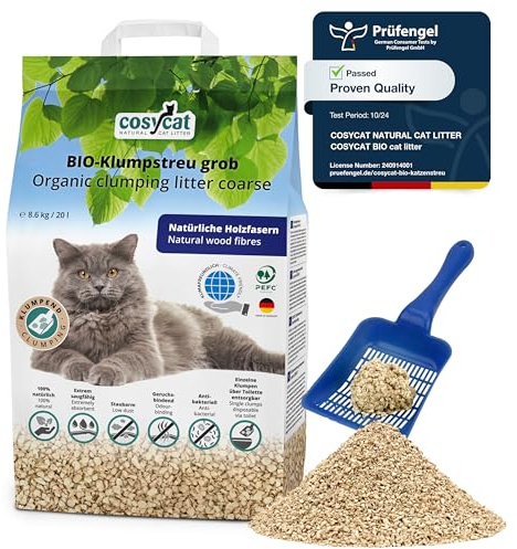 COSYCAT Klumpendes Katzenstreu Bio aus Holz, 100% Natürlich, [grob], [20l], in der Toilette entsorgbar, Klumpstreu pflanzlich, staubfrei ohne Duft
