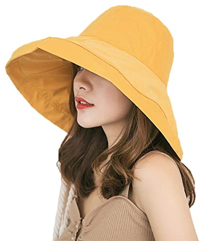 ACMEDE Donna Estate Cappello da Sole Tesa Largo di Cotone UPF 50 + Pieghevole con Corda Antivento, Moda Cappello Secchio Cappelli da Pesca All'aperto Protezione UV a Tesa Larga 14cm
