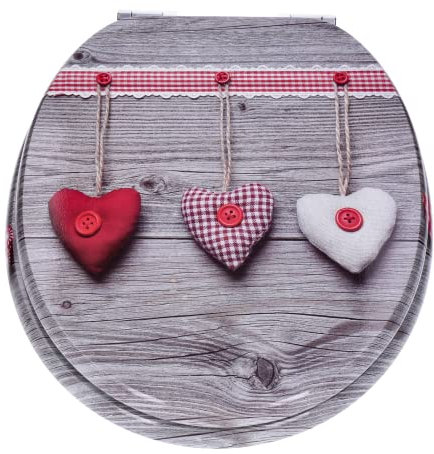WC-Sitz mit Absenkautomatik (Soft- close) aus stabilem MDF | Ovale Form | EU-Größe | bis 150 Kg | versch. Motive – Klobrille Toilettendeckel (Three Hearts)