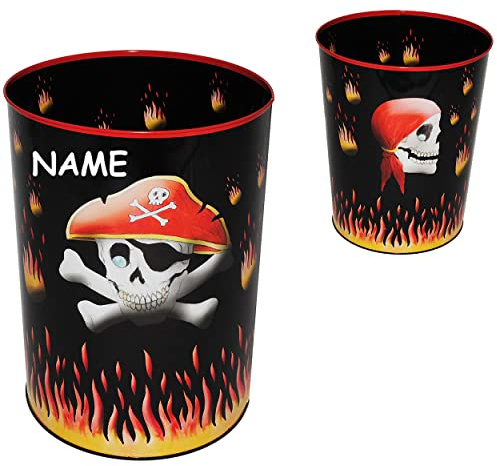 alles-meine.de GmbH Papierkorb Pirat Totenkopf - Metall - incl. Namen - Mülleimer Eimer - Aufbewahrungsbox für Kinder Jungen - Schatztruhe/Abfallbehälter/Abfalleimer Kinderzi..