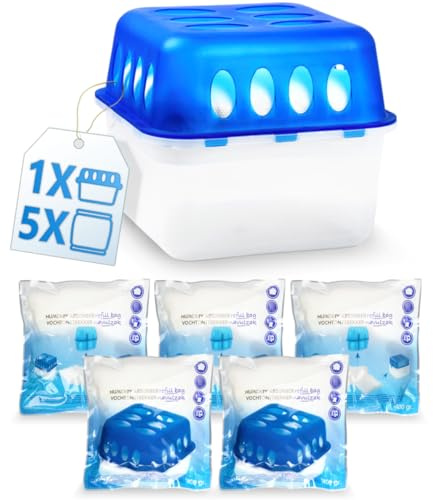 XXL Set 1x Luftentfeuchter Box mit 5 Nachfüllpacken Raumentfeuchter Feuchtigkeits-Stopper mit Granulat - Beutel (1x Box + 5x Nachfüllpack 400g)