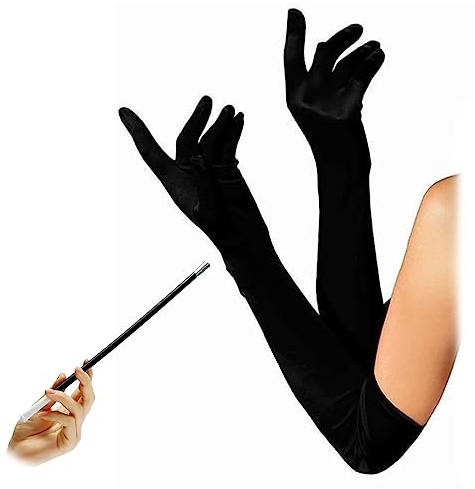 LJFEA 1920er Stil Lange Abendhandschuhe Schwarz, Damen Handschuhe Satin Classic Opera Fest Party, Lange Handschuhe,