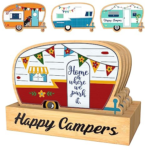 Haigoo Camper Coasters Set of 4, Happy Camper Bamboo Drink Coasters with Holder, Camping Gifts for Camper Lovers Women Men, Suitable for Kinds of Cups, Coffee Table, Camper Decor
