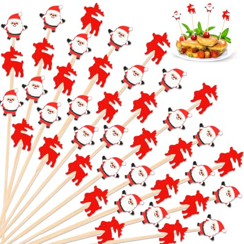 SRIZIAN 100 Piezas palillos para Aperitivos Navidad Palillos para Cócteles, 5.1inch Ciervo De Navidad Santa Brochetas Cocktail de Bambú para Comida Fruta Snack Aperitivos Fiesta Decoración
