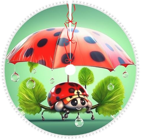 Weihnachtsbaumrock mit Bommelbesatz, lustiger Marienkäfer mit Regenschirmen, Druck, Weihnachtsbaumschmuck, weiche Weihnachtsbaumabdeckung, Matte für Urlaub, Party, Dekorationen, drinnen und draußen