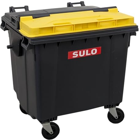 Sulo Mini Mülltonne Container 1100L Nachbildung | Tisch-Mülleimer Klein | Desktop Büro Schreibtisch Stifthalter | Grau mit Deckel-Einwurf Gelb | Sammlerstück | 18x18x15 cm