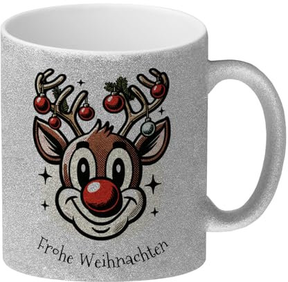 Rentier Glitzer-Kaffeebecher und Spruch Frohe Weihnachten Winterzauber Weihnachtstasse - Gemütlich Festliche Tasse Rentierbecher Rudolf - Deko für Weihnachtsflair im Advent