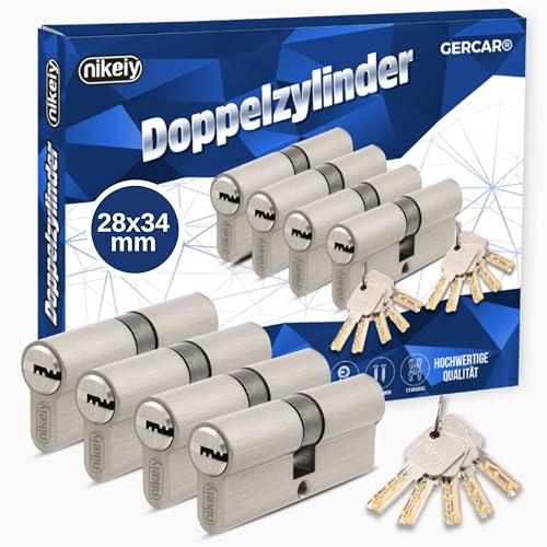 GERCAR Pro Lot de 4 cylindres profilés 28/34 - Massifs - À fermeture identique - Double cylindre - En laiton mat - Avec 10 clés, clé réversible, longueur : 65 mm, A : 28 B : 34