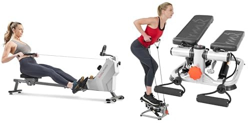 Sunny Health & FitnessCompact Folding Magnetic Rowing Machine w/ 109 cm Slide Rail, 130 KG Max + Advanced Mini Home Steppers, Total Body Workout Stair Machine w/Resistance