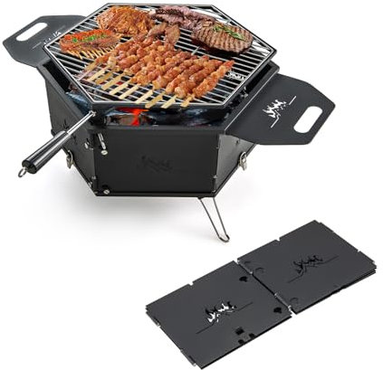 KOMFOTTEU Barbecue a Carbone di Legno, Design Pieghevole, Griglia per Barbecue Grande in Acciaio Inox, Barbecue da Campeggio con Griglia Girevole, Barbecue Esterno, 77 x 74 x 38 cm, Nero