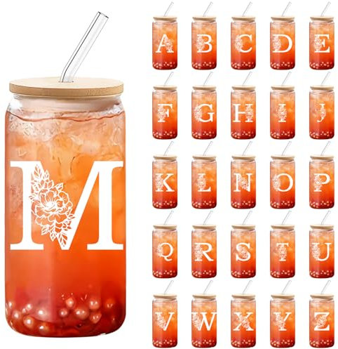 DETENE 550ml Bicchiere di Vetro con Coperchio Bicchiere da Birra con Coperchio e Cannuccia La Scelta Migliore per Regali Acronimi di Compleanno Maschile e Femminile o Regali di Natale (M)