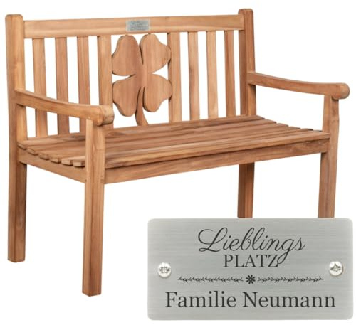 Sterngraf Bank mit Gravur zB Schild Lieblingsplatz (Namen), Friesenbank Kleeblatt 120cm, Edelstahlschild personalisiert Teakholz-Gartenbank Geschenk-Idee Geburtstag Hochzeit UVM.