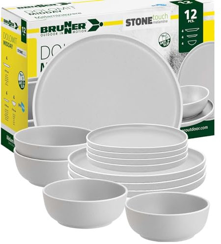 BRUNNER: Melamin Geschirr-Set Camping | 12-Teilig - Teller & Schüsseln für 2-4 Personen | DOLOMIT Midday - Stapelbar, Kratzfest