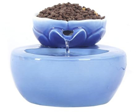 POPETPOP Automatischer Trinkbrunnen Für Haustiere Keramikwasserbehälter Mit Lotus-Design Für Hunde Und Katzen Mit Kreativem Filterkern Für Sicheres Trinken Blau