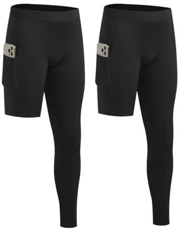 Hotfiary 2 Pack Herren Kompressionshosen, Einbeinige Lange Basketball Kompressionsstrumpf Hosen mit Tasche, Herren Sport Basisschicht Leggings Gymnastikhosen Laufhosen unten