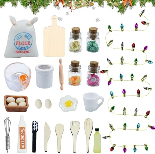 27 Stück Wichtel Zubehör Weihnachten, Wichtel Küche Weihnachtswichtel Zubehör, Puppenhaus Geschirr Miniatur Wichtel Zubehör, für DIY Deko Mädchen