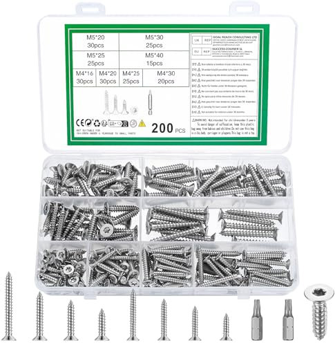 200 STK M4 M5 Blechschrauben 304 Edelstahlschrauben Selbstschneidende Schrauben, Torx Holzschrauben mit Torx-Antrieb, Spanplattenschrauben Set, Senkkopfschrauben Flachkopfschrauben Sortiment