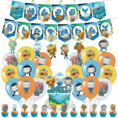 Pianocean Octonauts Party Decorations, 48pcs Balloon Set, Happy Birthday Banner, Hanging Swirls, Cake Topper for Boys Girls Party Supplies