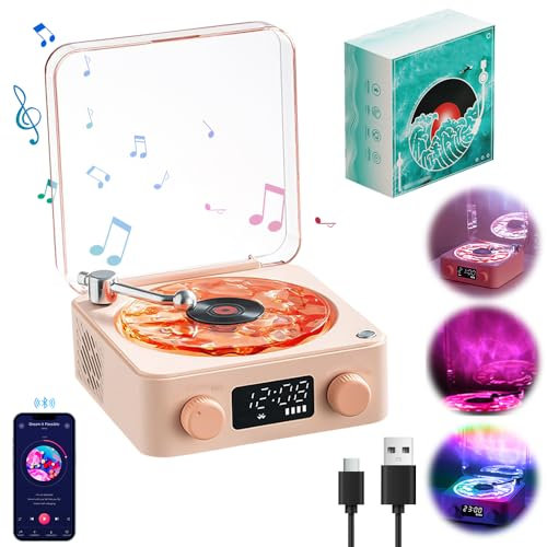 The Waves Vinyl Record Player, Retro Turntable Speaker with 4 Sounds of Nature Retro Bluetooth Record Player With Speaker and RGB Light Wireless Bluetooth Speaker Stereo Sound Sleep Aid (Pink)