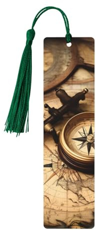 Lesezeichen aus Holz mit Kompass und alter Weltkarte, bunte Quaste, Lesezeichen, Ornamente für Handwerk, Weihnachten, Hochzeit