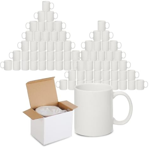 Sublimation Mugs with Boxes | Plain White Large Handle High Gloss Orca Coated, Ceramic Mug for Coffee & Tea | Ideal for Gifting & DIY Projects, Heat Press Printing Mugs 11oz (Pack of 144)