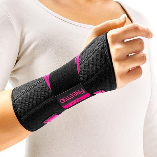 FREETOO Tutore Polso Destro Leggero per Tunnel Carpale, Polsiera Ortopedica Traspirante per Tendinite polso Adatto per Donna Uomo, Tutore Mano Regolabile per Distorsione, Trauma (Nero/Rosa, S/M)