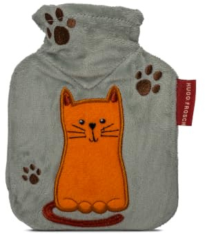 Hugo Frosch Mini-Wärmflasche 0,2 l mit Veloursbezug Salbeigrün Katze | kleine Mini-Bettflasche Made in Germany, auslaufsicher & langlebig, mit süßem Tiermotiv-Überzug, abnehmbar & waschbar