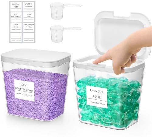 Lifewit 2 Pack Laundry Pods Container with Labels, Scoops and Press-and-Pop Lid, Detergent/Powder/Capsule/Pot/Washing Tablets Storage Holder for Laundry Room, Bathroom, Kitchen Organisation