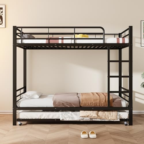 Moimhear Eisenbett, Etagenbett, 90x200cm&90x190cm, Geeignet für Kinder und Jugendliche, mit Ausziehbett, Vier Seitengitter am oberen Bett, Eisen (Schwarz)